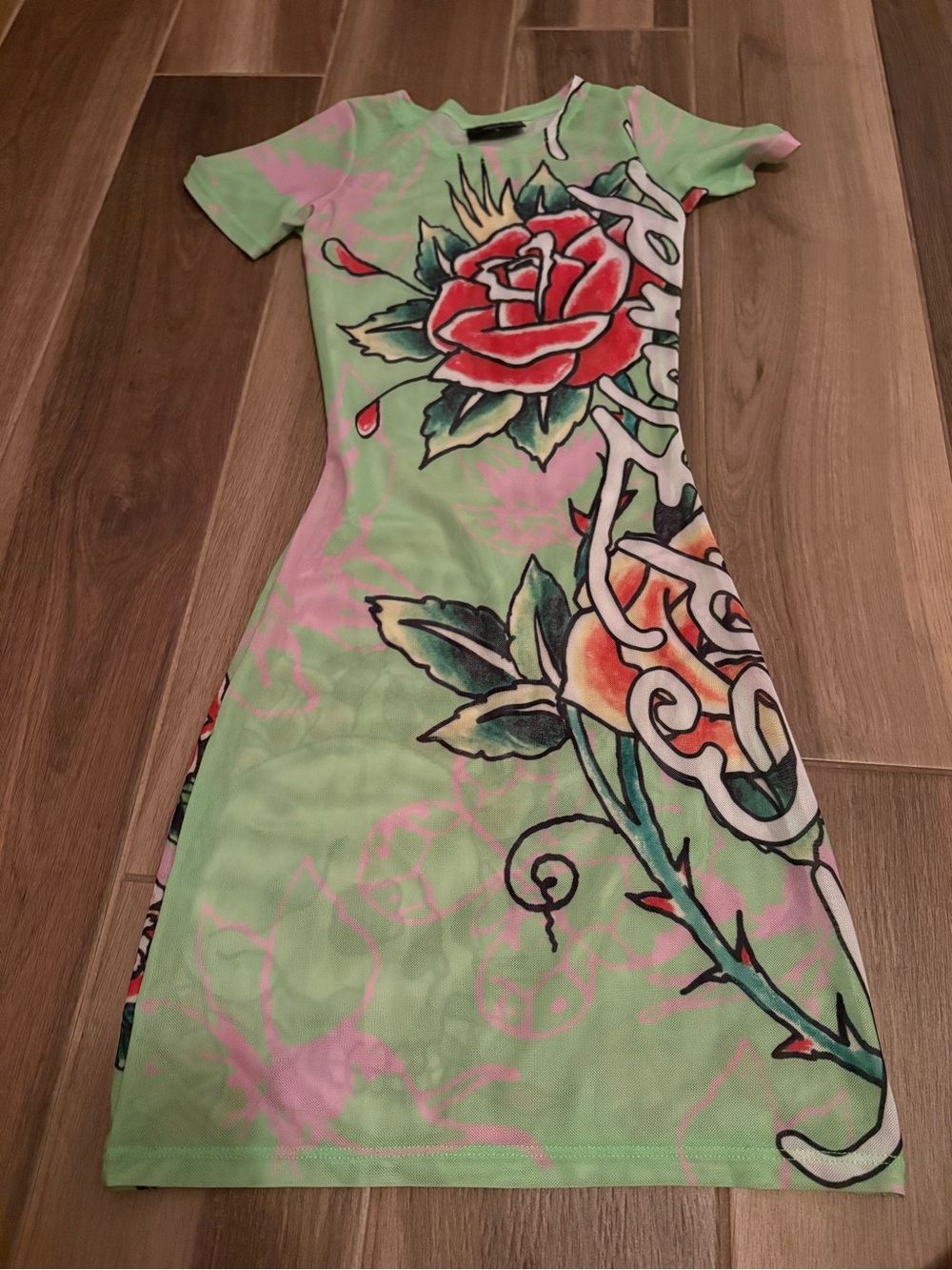 Ed Hardy Green Coverup Dress with Red Rose Graphic